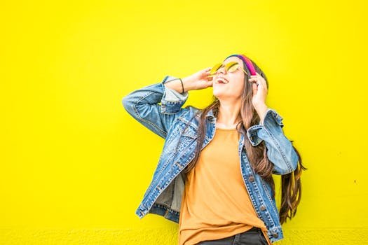 pexels-photo-1536619-1536619 Smiling woman in sunglasses stands against vibrant yellow wall, radiating happiness.